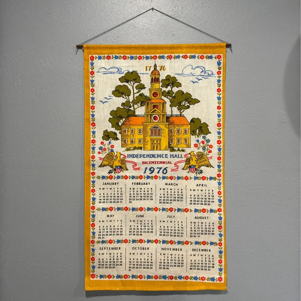Vintage 1976 Independence Hall Bicentennial Linen Calendar Towel Wall Hanging